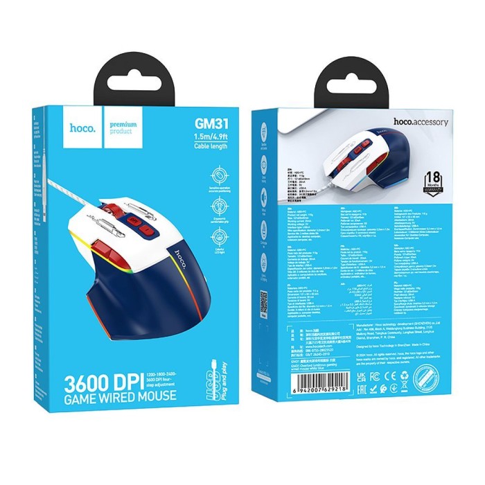 HOCO mysz komputerowa gamingowa przewodowa USB A 3600DPI GM31 biało niebieska (2).jpg