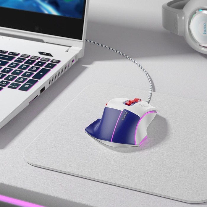 HOCO mysz komputerowa gamingowa przewodowa USB A 3600DPI GM31 biało niebieska (3).jpg