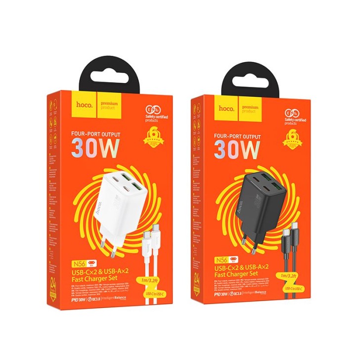 Ładowarka sieciowa do telefonu Hoco 2 x USB C + 2 x USB A QC3.0 PD 3A 30W + kabel USB C do USB C N56 czarn (1).jpg