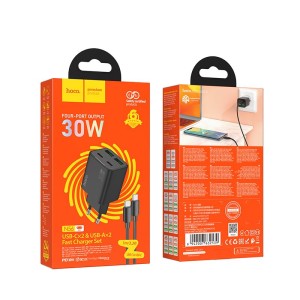 Ładowarka do telefonu 2 x USB C + 2 x USB A QC3.0 PD 3A 30W + kabel USB C do USB C N56 czarna Hoco