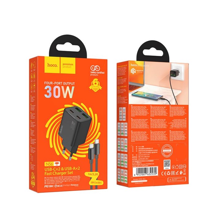 Ładowarka sieciowa do telefonu Hoco 2 x USB C + 2 x USB A QC3.0 PD 3A 30W + kabel USB C do USB C N56 czarn (2).jpg