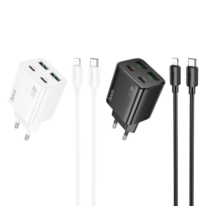 Ładowarka sieciowa do telefonu Hoco 2 x USB C + 2 x USB A QC3.0 PD 3A 30W + kabel USB C do Lightning N56 biał (4).jpg