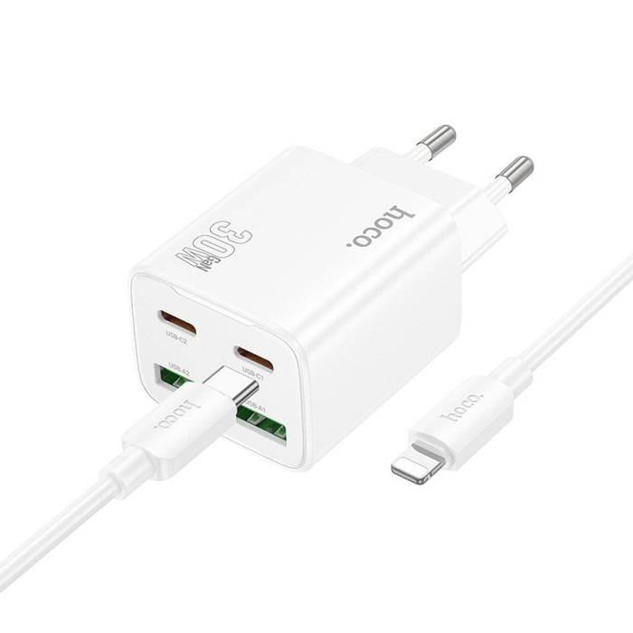 Ładowarka sieciowa do telefonu Hoco 2 x USB C + 2 x USB A QC3.0 PD 3A 30W + kabel USB C do Lightning N56 biał (6).jpg