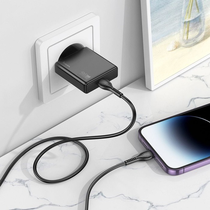 Ładowarka sieciowa do telefonu Hoco Slim USB C QC PD 30W + kabel USB C do Lightning N37 czarna (2).jpg