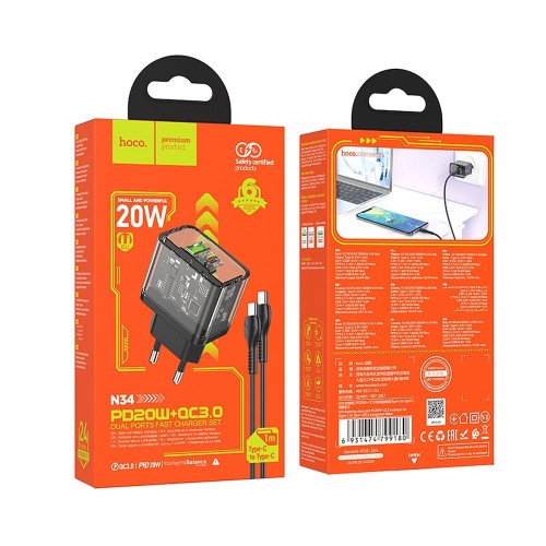 Ładowarka sieciowa do telefonu Hoco USB A + USB C QC3.0 PD 3A 20W + kabel USB C do USB C N34 transparentna (1).jpg