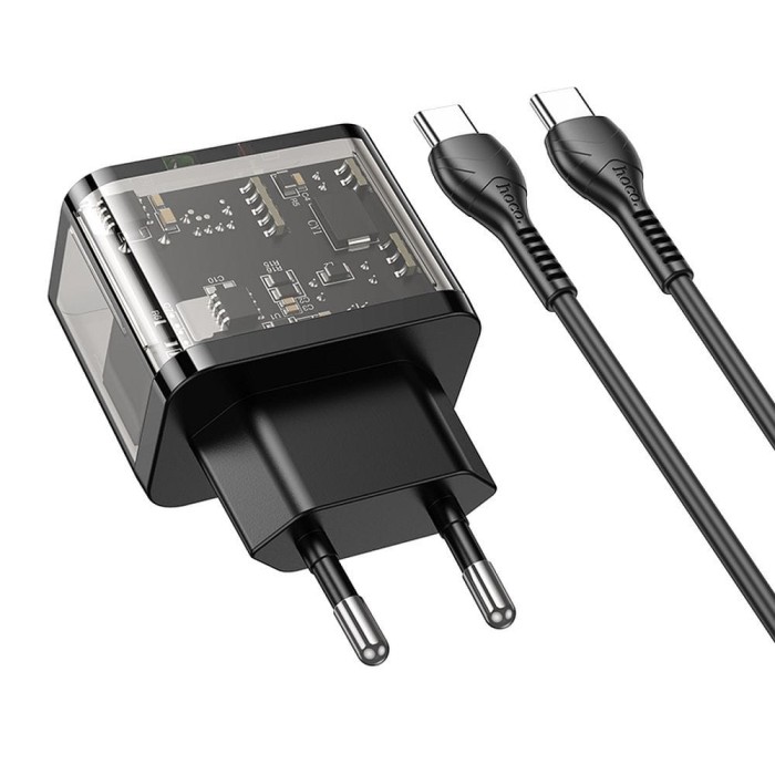 Ładowarka sieciowa do telefonu Hoco USB A + USB C QC3.0 PD 3A 20W + kabel USB C do USB C N34 transparentna (5).jpg