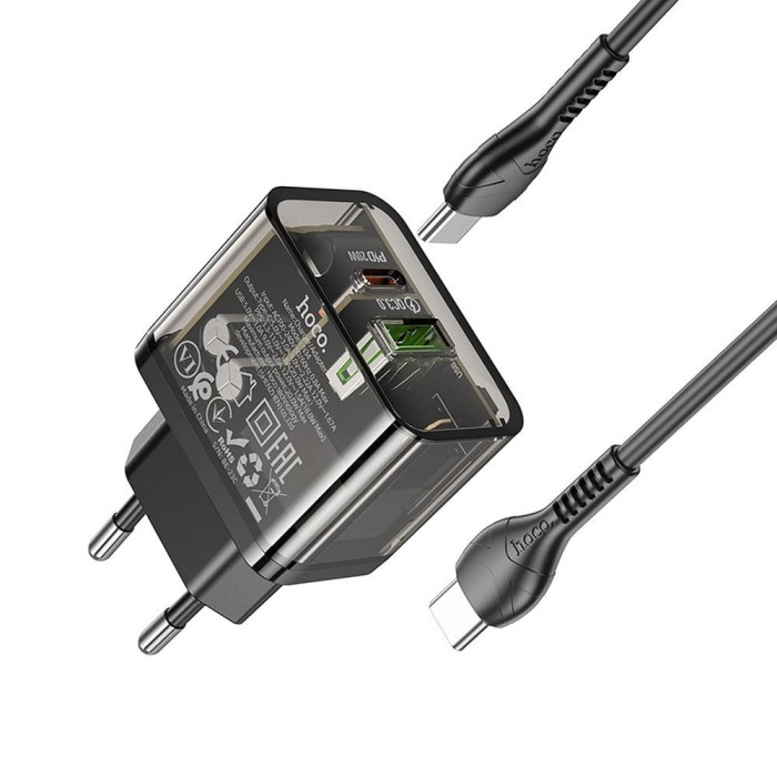 Ładowarka sieciowa do telefonu Hoco USB A + USB C QC3.0 PD 3A 20W + kabel USB C do USB C N34 transparentna (7).jpg