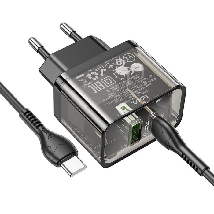 Ładowarka sieciowa do telefonu Hoco USB A + USB C QC3.0 PD 3A 20W + kabel USB C do USB C N34 transparentna (8).jpg