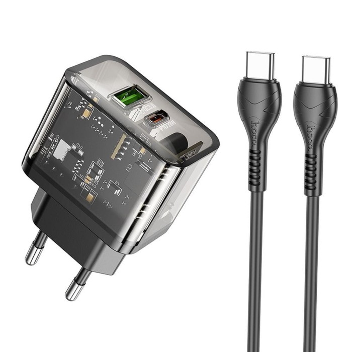 Ładowarka sieciowa do telefonu Hoco USB A + USB C QC3.0 PD 3A 20W + kabel USB C do USB C N34 transparentna (9).jpg
