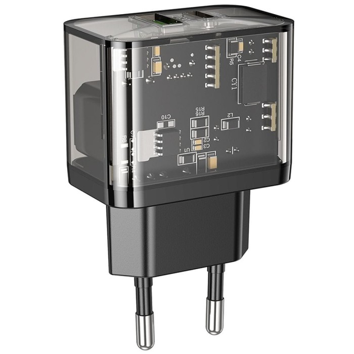 Ładowarka sieciowa do telefonu Hoco USB A + USB C QC3.0 PD 3A 20W N34 transparentna (6).jpg