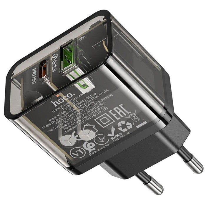 Ładowarka sieciowa do telefonu Hoco USB A + USB C QC3.0 PD 3A 20W N34 transparentna (7).jpg