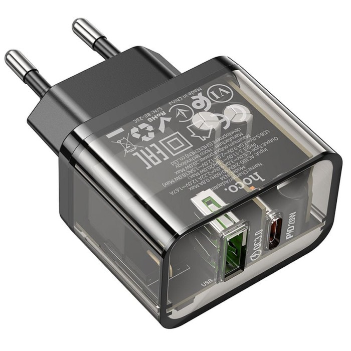 Ładowarka sieciowa do telefonu Hoco USB A + USB C QC3.0 PD 3A 20W N34 transparentna (8).jpg