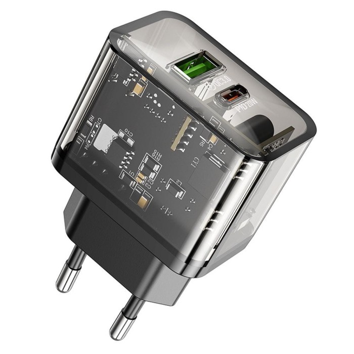 Ładowarka sieciowa do telefonu Hoco USB A + USB C QC3.0 PD 3A 20W N34 transparentna (9).jpg