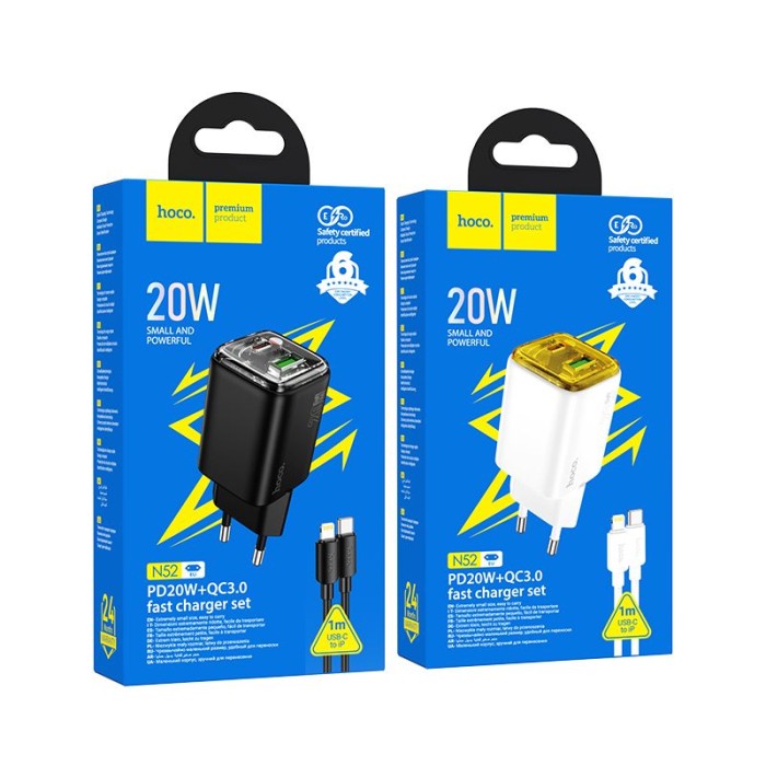 Ładowarka sieciowa do telefonu Hoco USB A + USB C QC3.0 PD 3A 20W + kabel USB C do Lightning N52 czarna (1).jpg