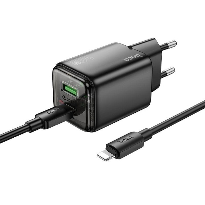 Ładowarka sieciowa do telefonu Hoco USB A + USB C QC3.0 PD 3A 20W + kabel USB C do Lightning N52 czarna (7).jpg