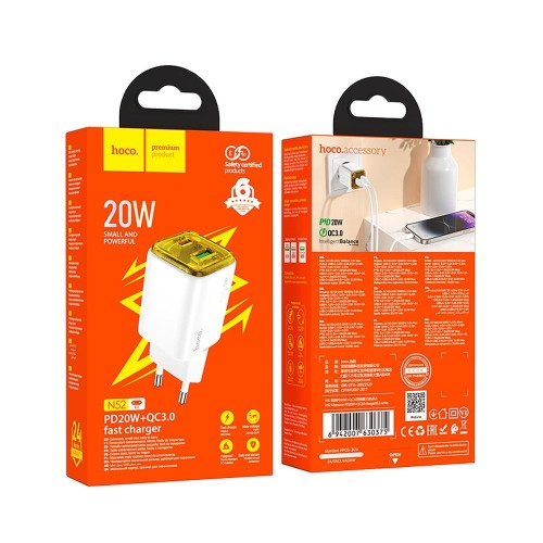 Ładowarka sieciowa do telefonu Hoco USB A + USB C QC3.0 PD 3A 20W N52 biała (1).jpg