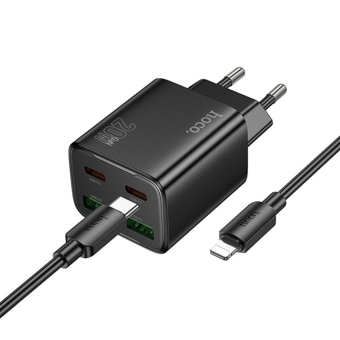 Ładowarka sieciowa do telefonu Hoco 2 x USB C + 2 x USB A QC3.0 PD 3A 20W + kabel USB C do Lightning N55 czarna (6).jpg