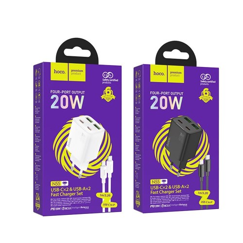 Ładowarka sieciowa do telefonu Hoco 2 x USB C + 2 x USB A QC3.0 PD 3A 20W + kabel USB C do Lightning N55 biała (1).jpg