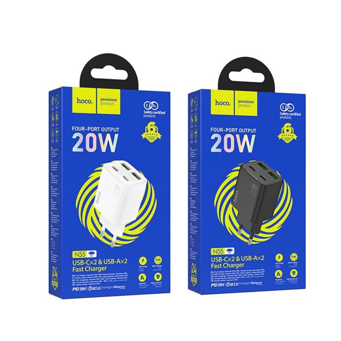 Ładowarka sieciowa do telefonu Hoco 2 x USB C + 2 x USB A QC3.0 PD 3A 20W N55 czarna (1).jpg