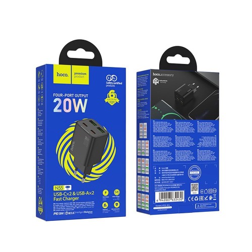 Ładowarka sieciowa do telefonu Hoco 2 x USB C + 2 x USB A QC3.0 PD 3A 20W N55 czarna (2).jpg