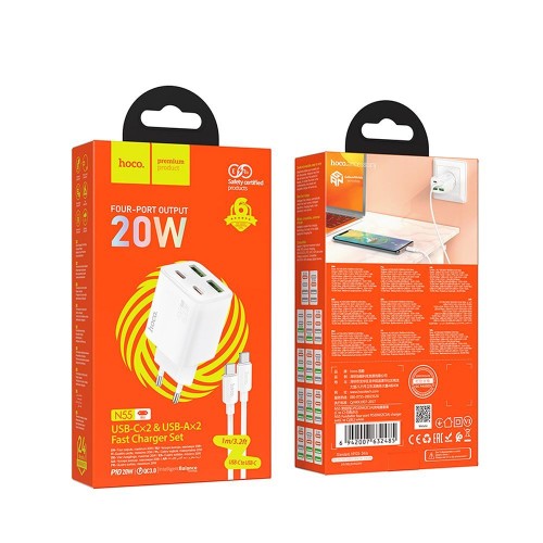 Ładowarka sieciowa do telefonu Hoco 2 x USB C + 2 x USB A QC3.0 PD 3A 20W + kabel USB C do USB C N55 biała (3).jpg