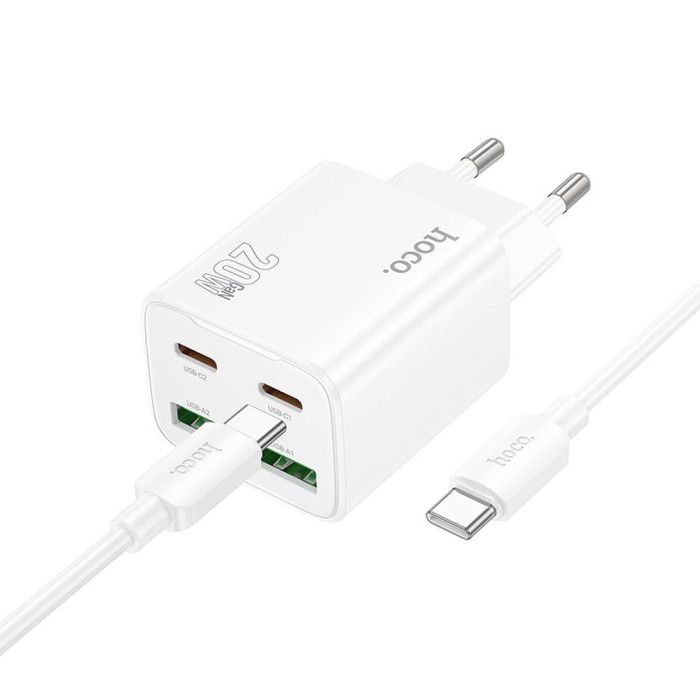 Ładowarka sieciowa do telefonu Hoco 2 x USB C + 2 x USB A QC3.0 PD 3A 20W + kabel USB C do USB C N55 biała (1).jpg