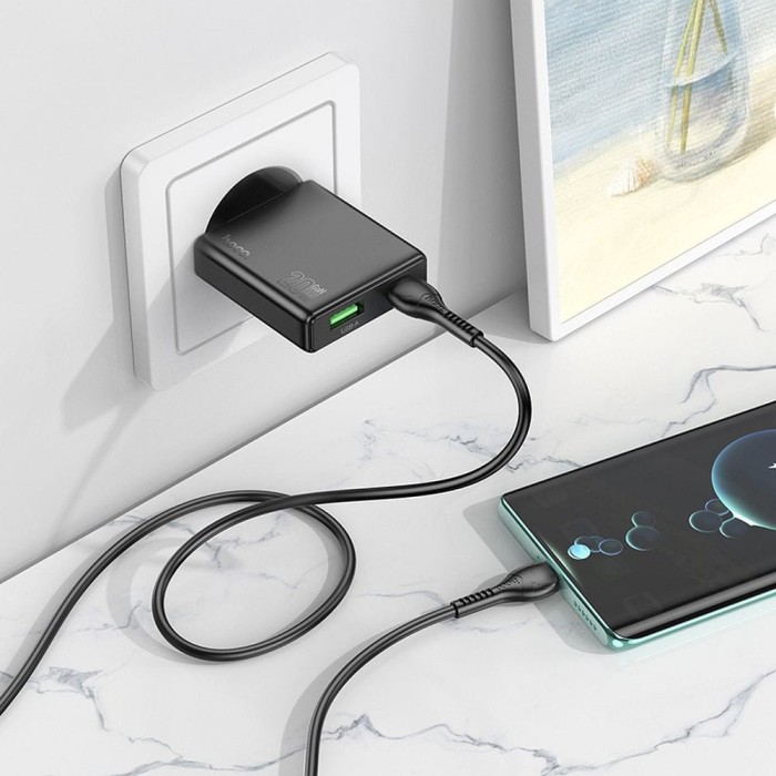 Ładowarka sieciowa do telefonu Hoco Slim USB A + USB C QC3.0 PD 3A 20W N38 czarna (2).jpg