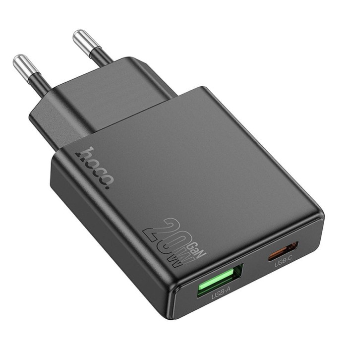 Ładowarka sieciowa do telefonu Hoco Slim USB A + USB C QC3.0 PD 3A 20W N38 czarna (6).jpg