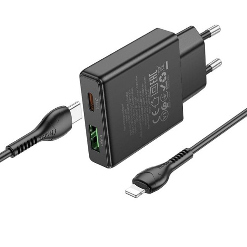 Ładowarka sieciowa do telefonu Hoco Slim USB A + USB C QC3.0 PD 3A 20W + kabel USB C do Lightning N38 czarna (2).jpg