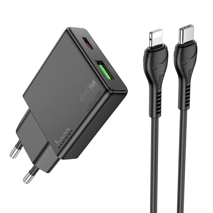 Ładowarka sieciowa do telefonu Hoco Slim USB A + USB C QC3.0 PD 3A 20W + kabel USB C do Lightning N38 czarna (1).jpg
