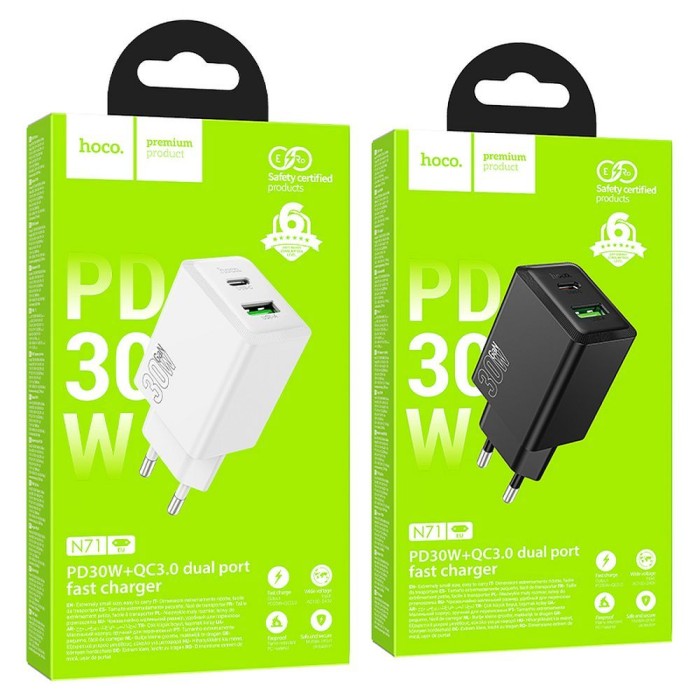 Ładowarka sieciowa do telefonu Hoco USB A + USB C QC3.0 PD AFC 3A 30W N71 czarna (1).jpg