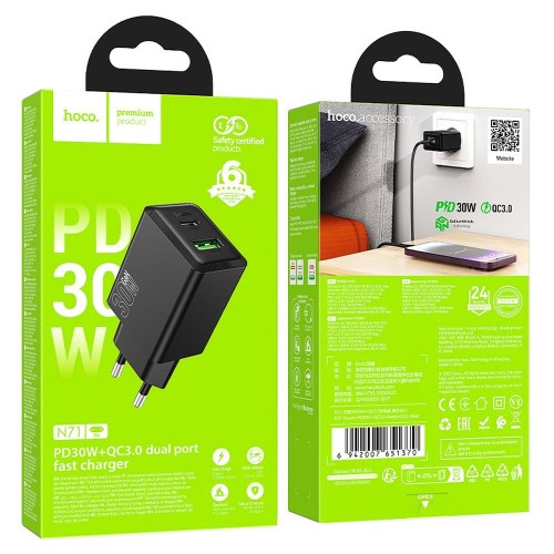 Ładowarka sieciowa do telefonu Hoco USB A + USB C QC3.0 PD AFC 3A 30W N71 czarna (2).jpg