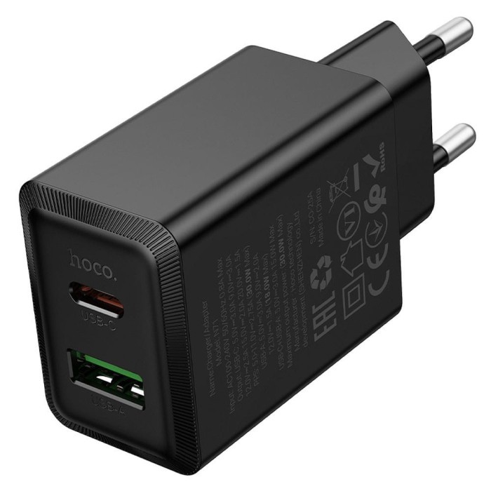 Ładowarka sieciowa do telefonu Hoco USB A + USB C QC3.0 PD AFC 3A 30W N71 czarna (5).jpg