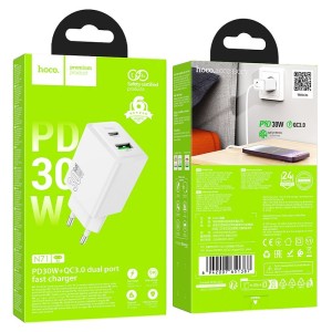 Ładowarka do telefonu USB A + USB C QC3.0 PD AFC 3A 30W N71 biała Hoco