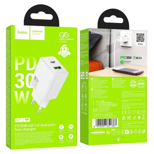 Ładowarka sieciowa do telefonu Hoco USB A + USB C QC3.0 PD AFC 3A 30W N71 biała (1).jpg