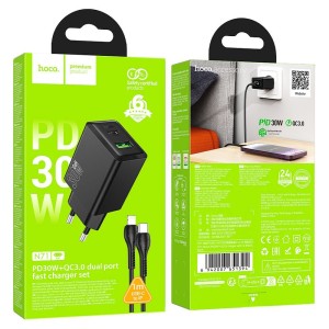 Ładowarka do telefonu Hoco USB A + USB C QC3.0 PS AFC 3A 30W + kabel USB C do USB C N71 czarna Hoco