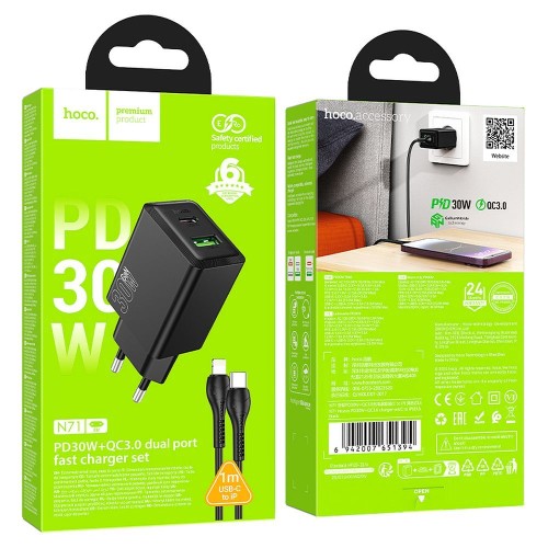 Ładowarka sieciowa do telefonu Hoco USB A + USB C QC3.0 PS AFC 3A 30W + kabel USB C do USB C N71 czarna (1).jpg