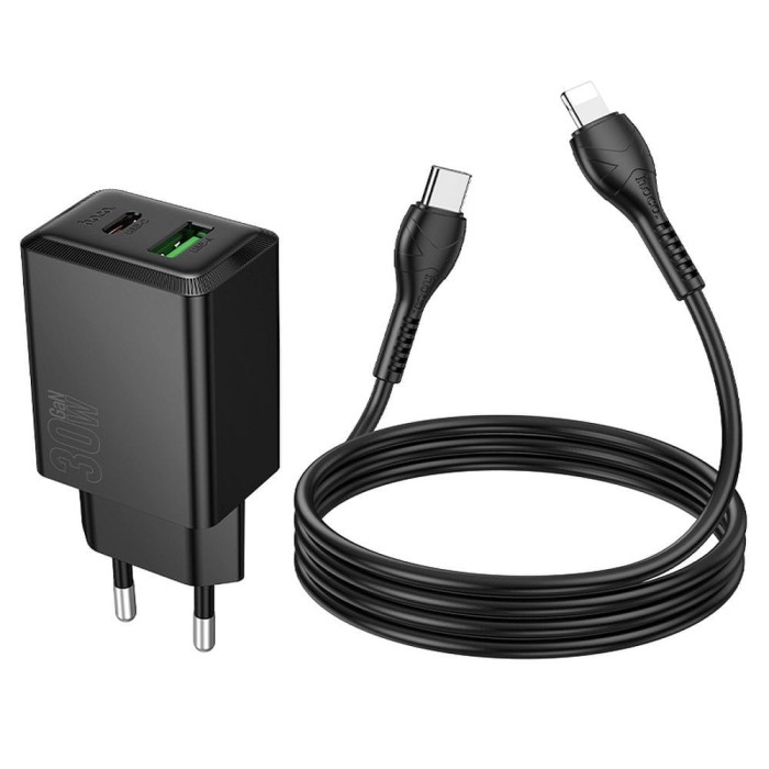 Ładowarka sieciowa do telefonu Hoco USB A + USB C QC3.0 PS AFC 3A 30W + kabel USB C do USB C N71 czarna (3).jpg
