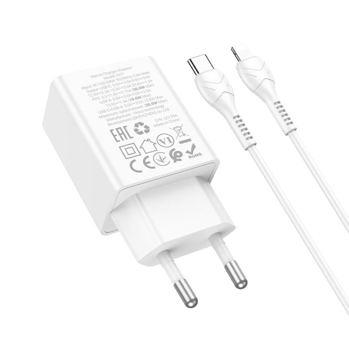 Ładowarka sieciowa do telefonu Hoco USB A + USB C QC3.0 PS AFC 3A 30W + kabel USB C do USB C N71 biała (5).jpg