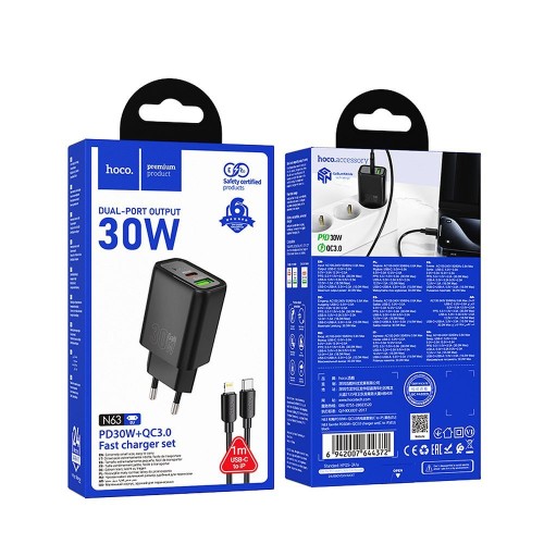 Ładowarka sieciowa do telefonu Hoco USB A + USB C QC3.0 PD 3A 30W + kabel USB C do Lightning N63 czarna (2).jpg