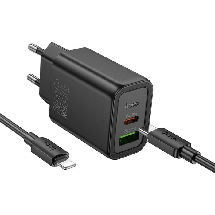 Ładowarka sieciowa do telefonu Hoco USB A + USB C QC3.0 PD 3A 30W + kabel USB C do Lightning N63 czarna (5).jpg