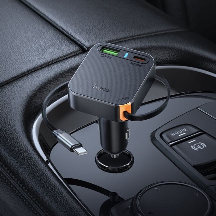 Ładowarka samochodowa Hoco ze zwijanym kablem 2 x USB C + USB A QC PD 65W NZ18 czarna (3).jpg