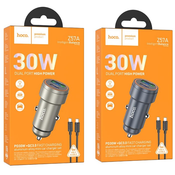 Ładowarka samochodowa Hoco USB A + USB C QC3.0 PD 30W + kabel USB C do USB C Z57A czarna (1).jpg