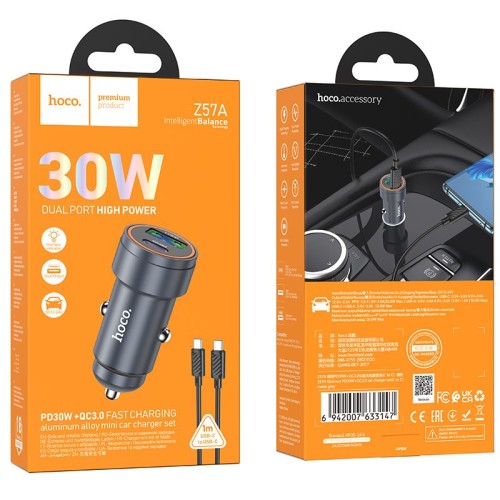 Ładowarka samochodowa Hoco USB A + USB C QC3.0 PD 30W + kabel USB C do USB C Z57A czarna (2).jpg