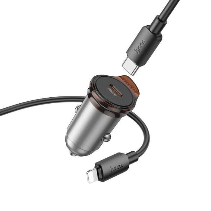Ładowarka samochodowa Hoco USB C QC PD 30W + kabel USB C do Lightning NZ16 szara (6).jpg