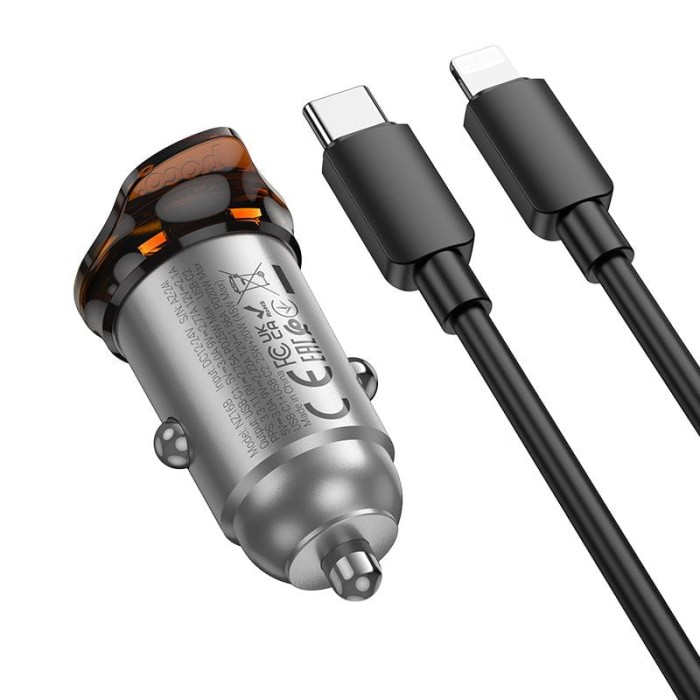 Ładowarka samochodowa Hoco 2 x USB C QC PD 45W + kabel USB C do Lightnning NZ16B szara (1).jpg
