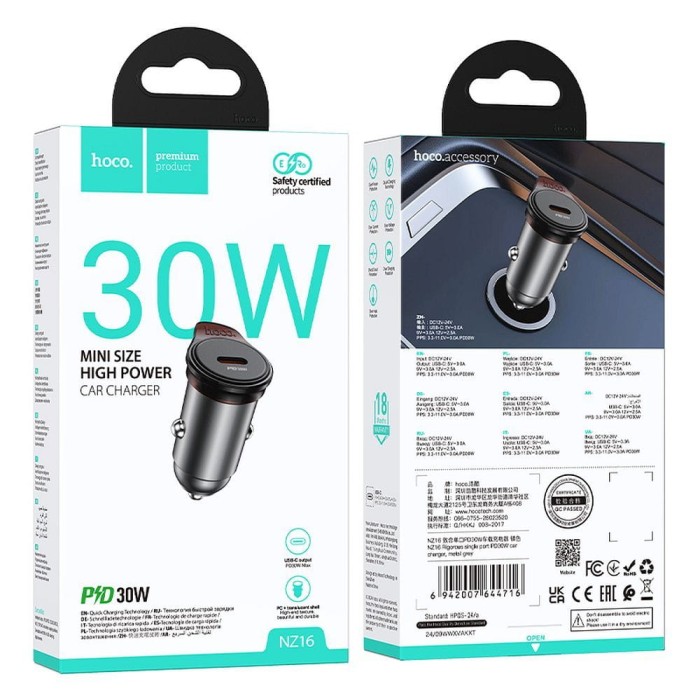 Ładowarka samochodowa Hoco USB C QC PD 30W NZ16 szara (1).jpg