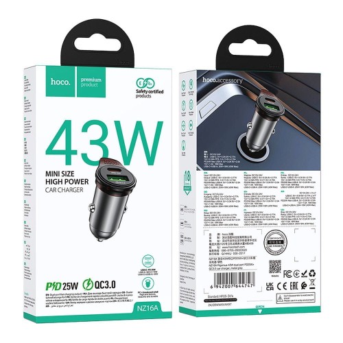 Ładowarka samochodowa Hoco USB A + USB C QC3.0 PD 43W + kabel USB C do USB C NZ16A szara (1).jpg