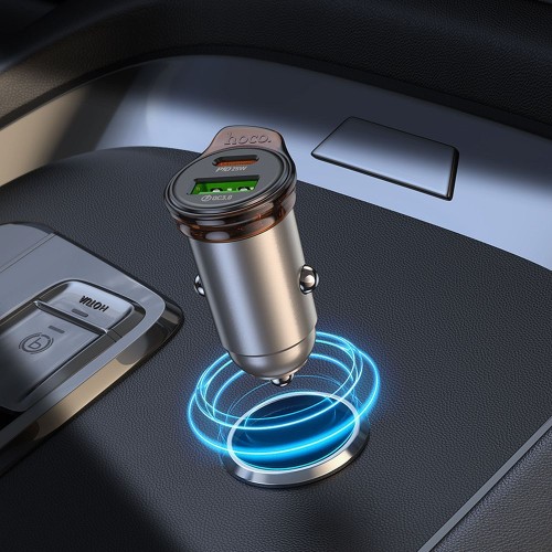 Ładowarka samochodowa Hoco USB A + USB C QC3.0 PD 43W NZ16A szara (2).jpg