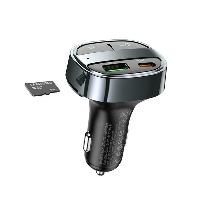 Ładowarka samochodowa Hoco USB A + USB C PD QC3.0 5A 30W z wyświetlaczem + transmiter FM BT E70 czarna (3).jpg